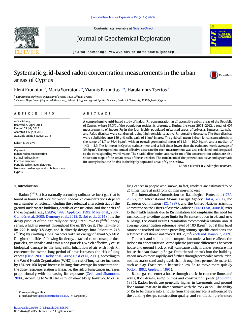 Systematic grid-based radon concentration measurements in the urban areas of Cyprus