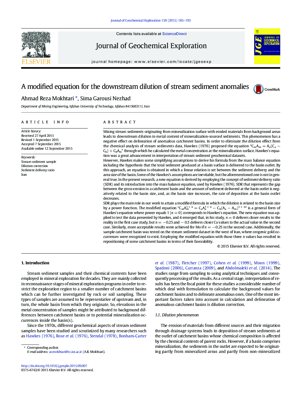 A modified equation for the downstream dilution of stream sediment anomalies