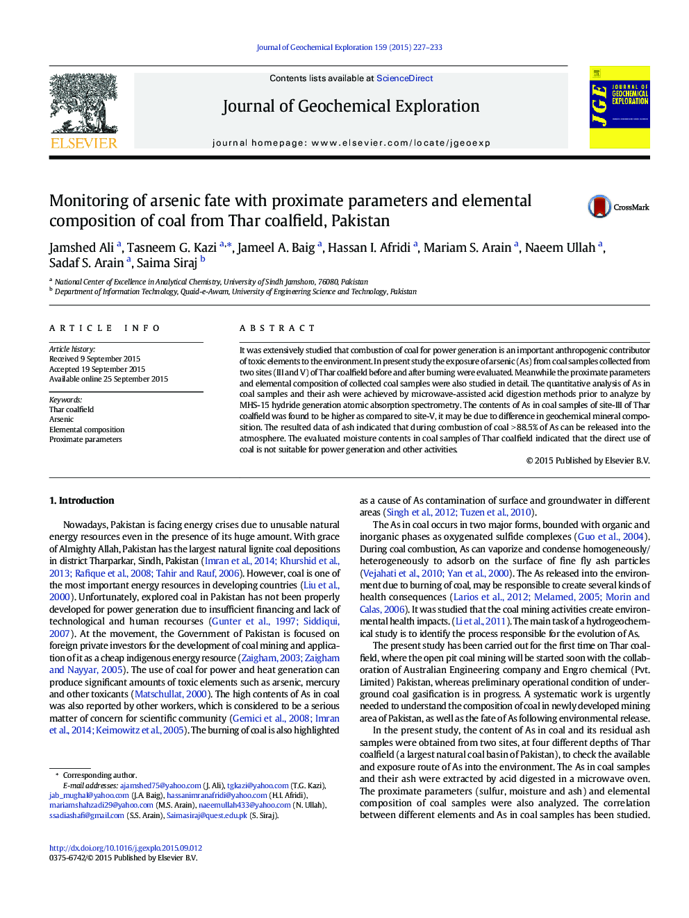 Monitoring of arsenic fate with proximate parameters and elemental composition of coal from Thar coalfield, Pakistan