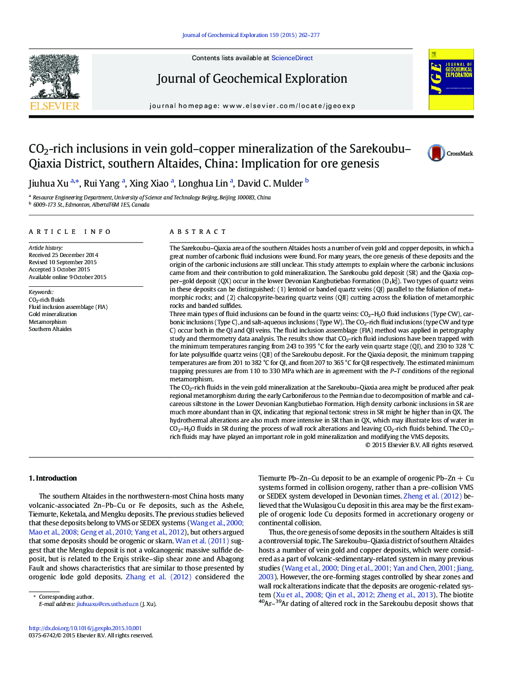 CO2-rich inclusions in vein gold–copper mineralization of the Sarekoubu–Qiaxia District, southern Altaides, China: Implication for ore genesis