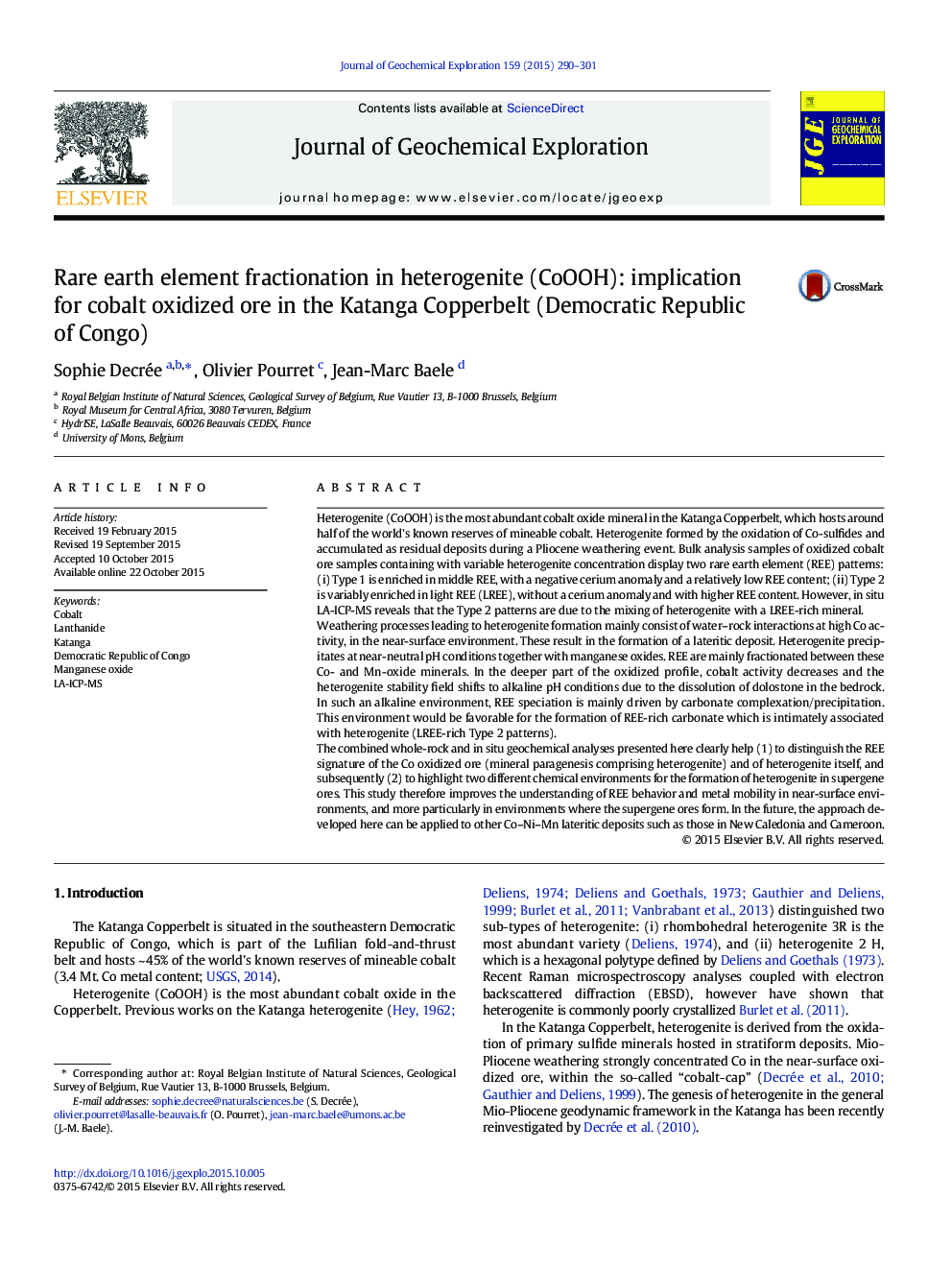 Rare earth element fractionation in heterogenite (CoOOH): implication for cobalt oxidized ore in the Katanga Copperbelt (Democratic Republic of Congo)