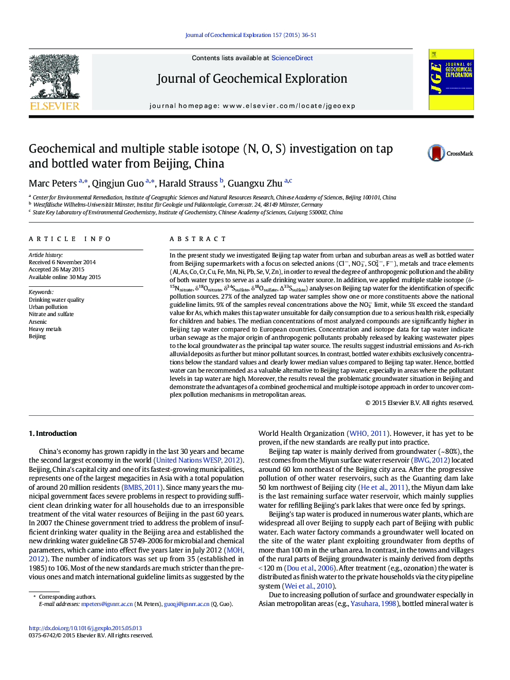 Geochemical and multiple stable isotope (N, O, S) investigation on tap and bottled water from Beijing, China