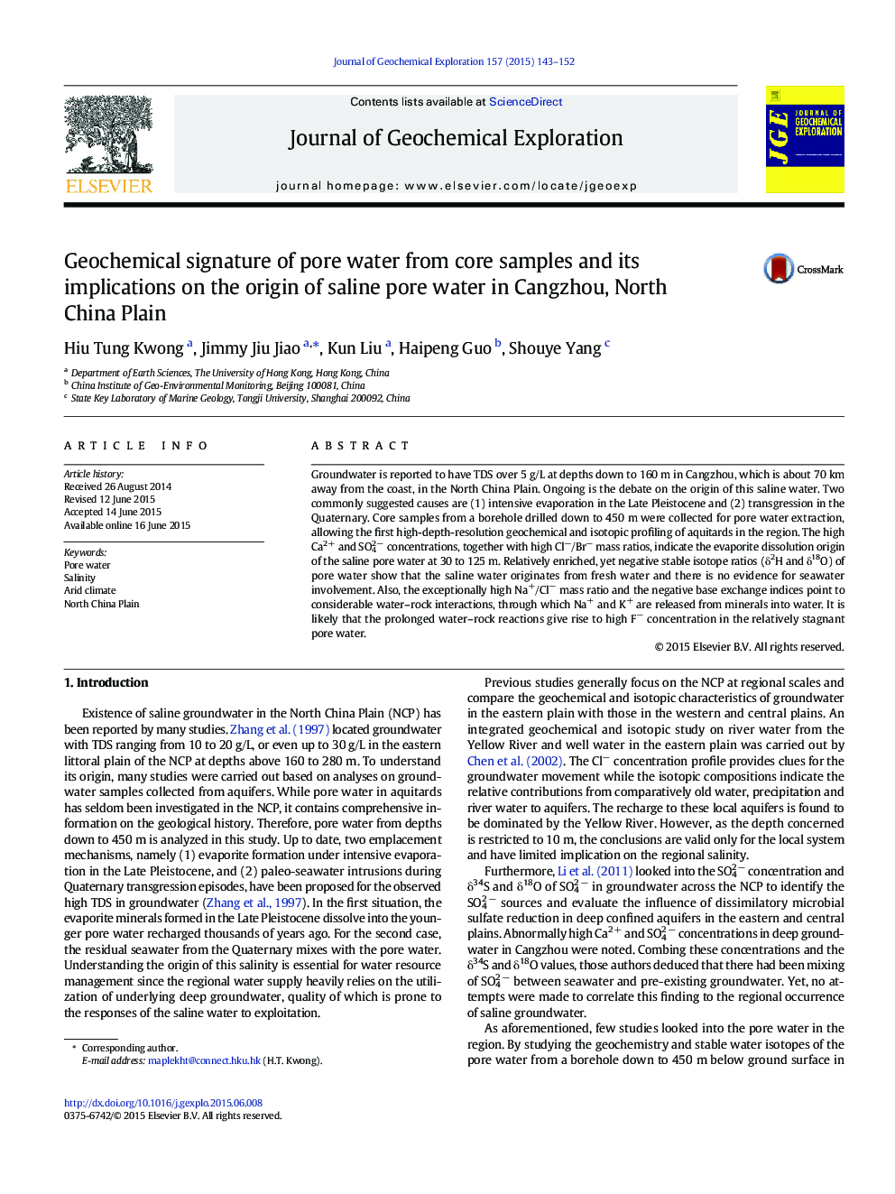 Geochemical signature of pore water from core samples and its implications on the origin of saline pore water in Cangzhou, North China Plain