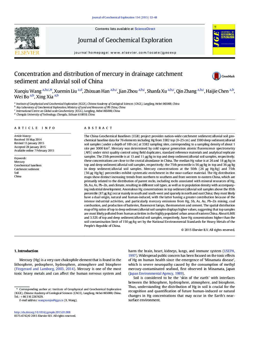 Concentration and distribution of mercury in drainage catchment sediment and alluvial soil of China