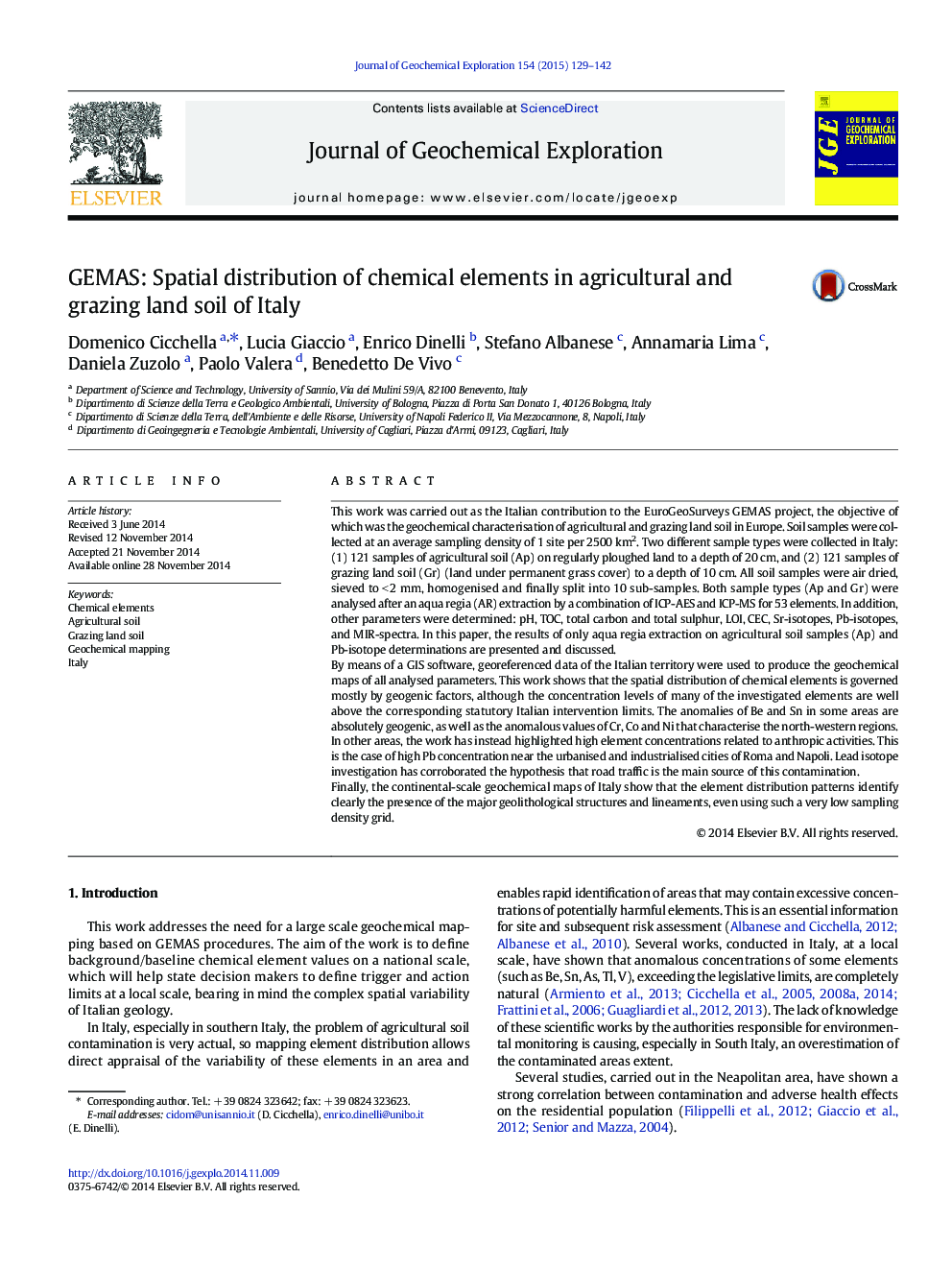 GEMAS: Spatial distribution of chemical elements in agricultural and grazing land soil of Italy