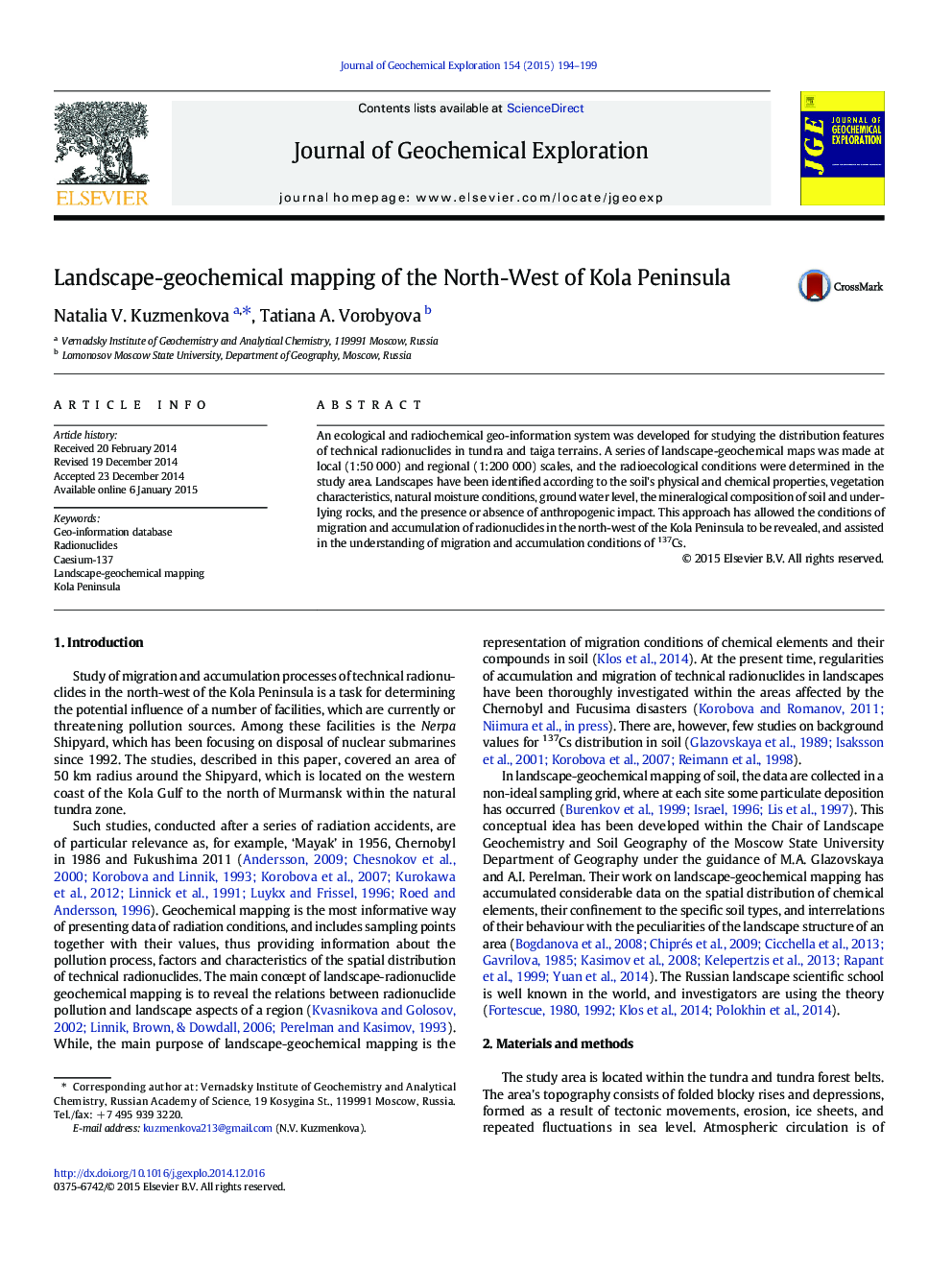 Landscape-geochemical mapping of the North-West of Kola Peninsula