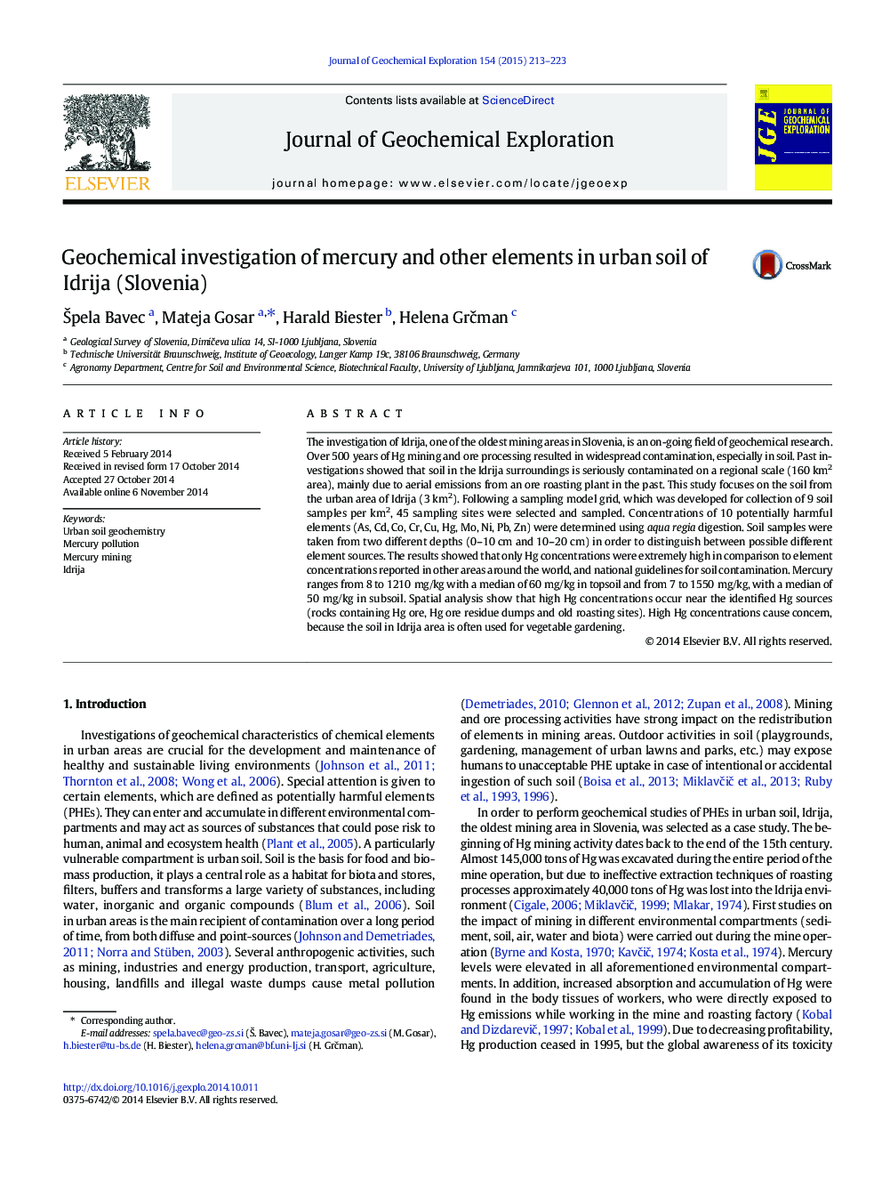 Geochemical investigation of mercury and other elements in urban soil of Idrija (Slovenia)