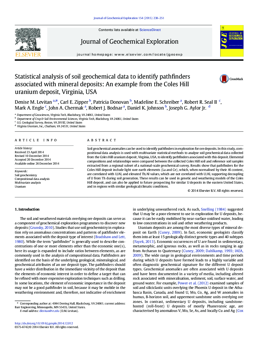 Statistical analysis of soil geochemical data to identify pathfinders associated with mineral deposits: An example from the Coles Hill uranium deposit, Virginia, USA