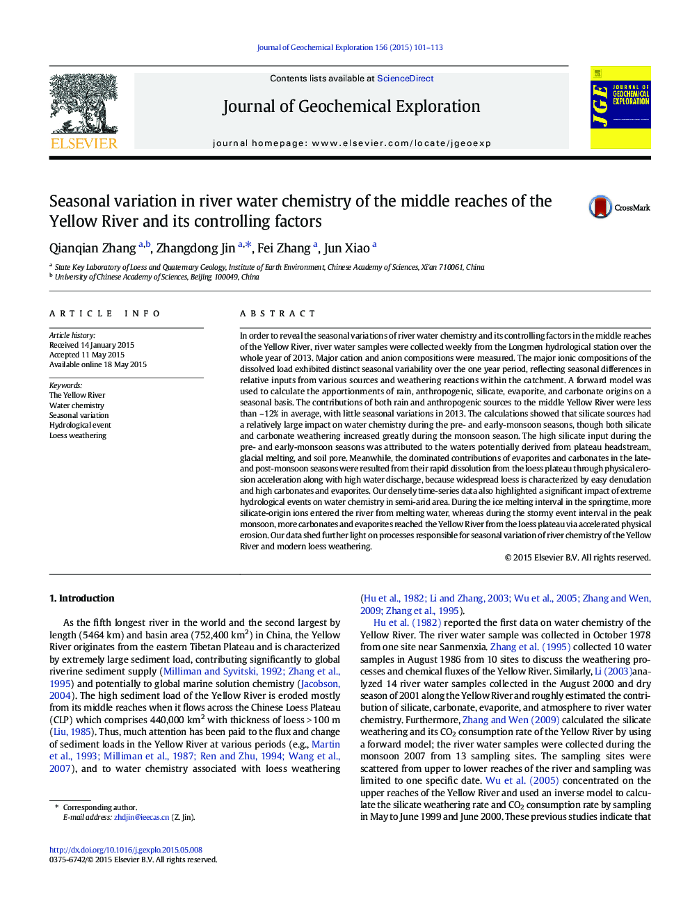 Seasonal variation in river water chemistry of the middle reaches of the Yellow River and its controlling factors
