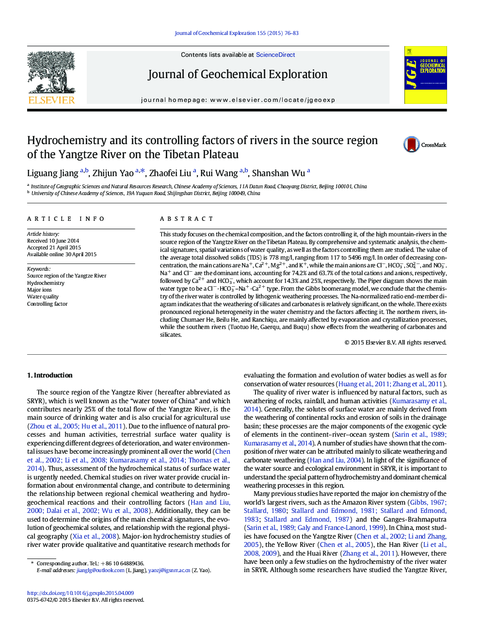 Hydrochemistry and its controlling factors of rivers in the source region of the Yangtze River on the Tibetan Plateau