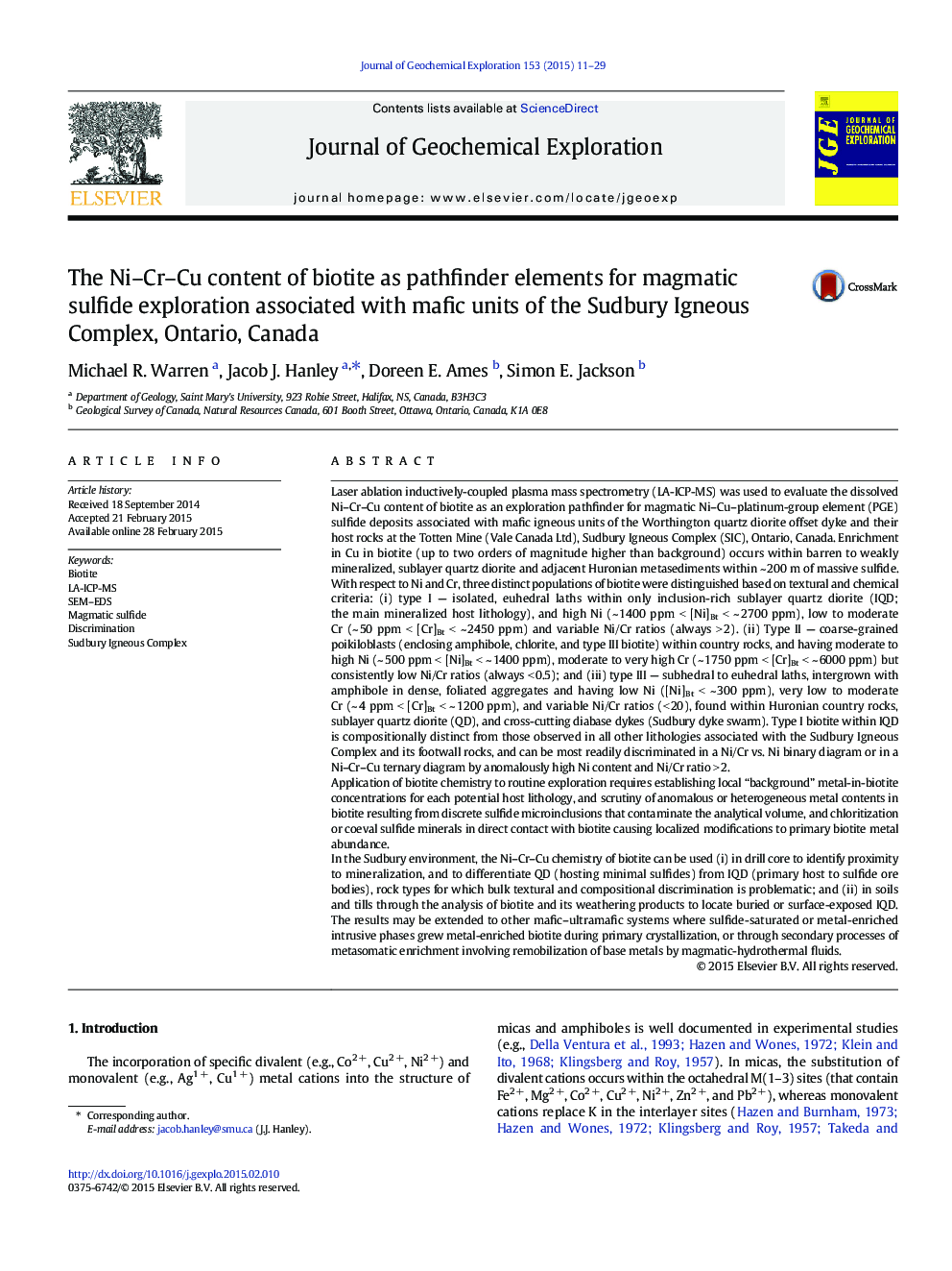 The Ni–Cr–Cu content of biotite as pathfinder elements for magmatic sulfide exploration associated with mafic units of the Sudbury Igneous Complex, Ontario, Canada