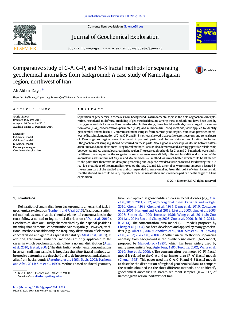 Comparative study of C–A, C–P, and N–S fractal methods for separating geochemical anomalies from background: A case study of Kamoshgaran region, northwest of Iran