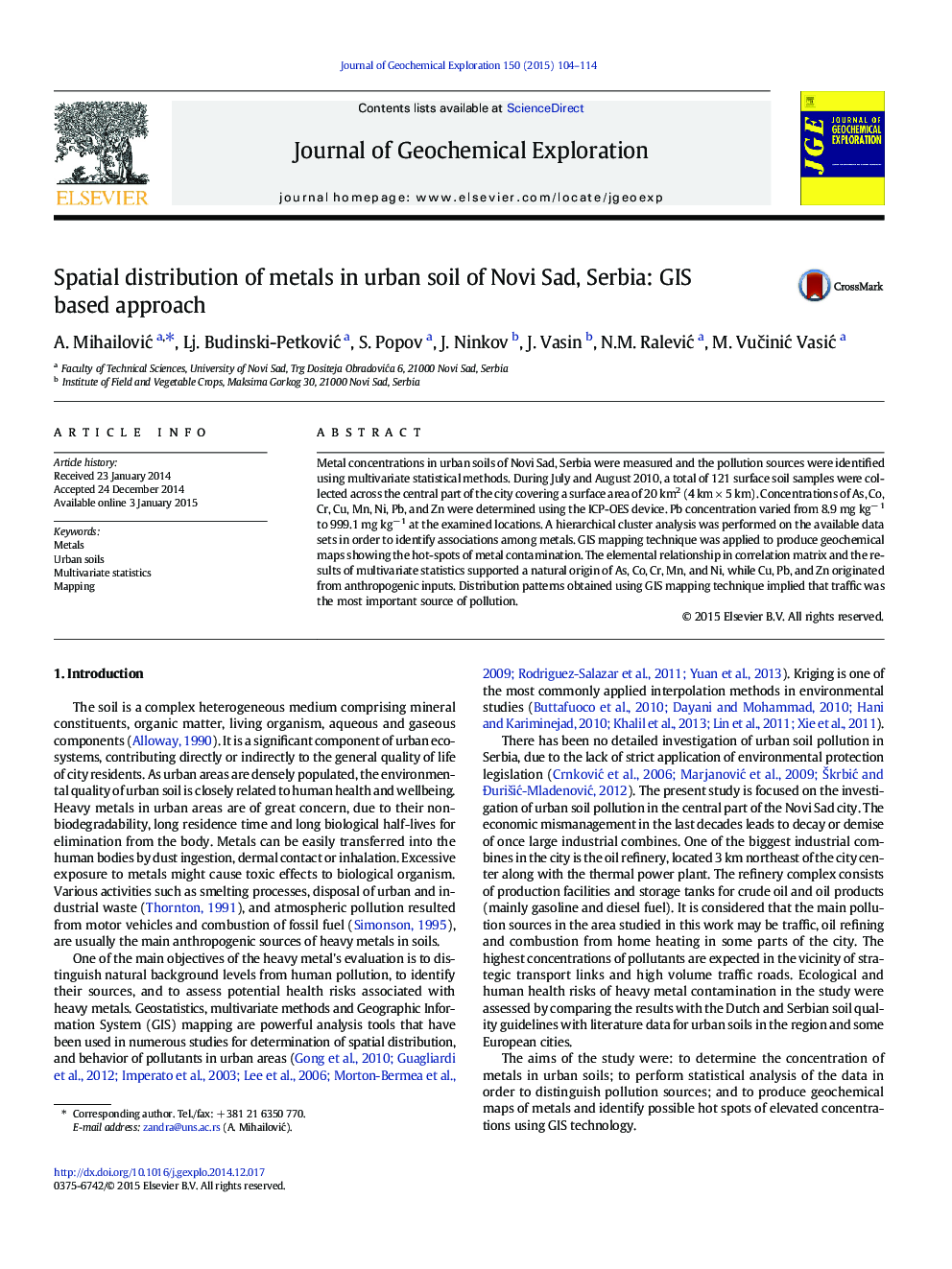 Spatial distribution of metals in urban soil of Novi Sad, Serbia: GIS based approach