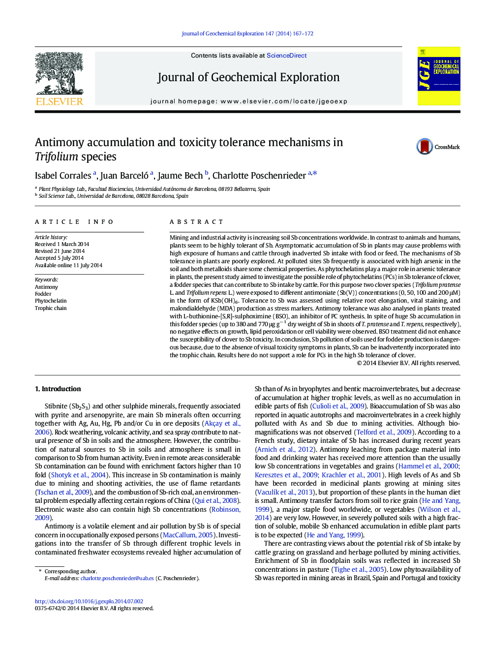 Antimony accumulation and toxicity tolerance mechanisms in Trifolium species