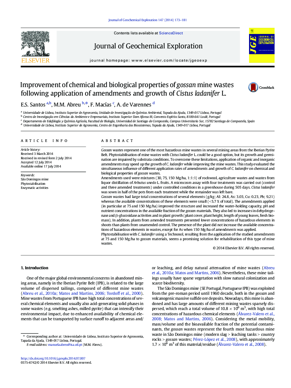 Improvement of chemical and biological properties of gossan mine wastes following application of amendments and growth of Cistus ladanifer L.