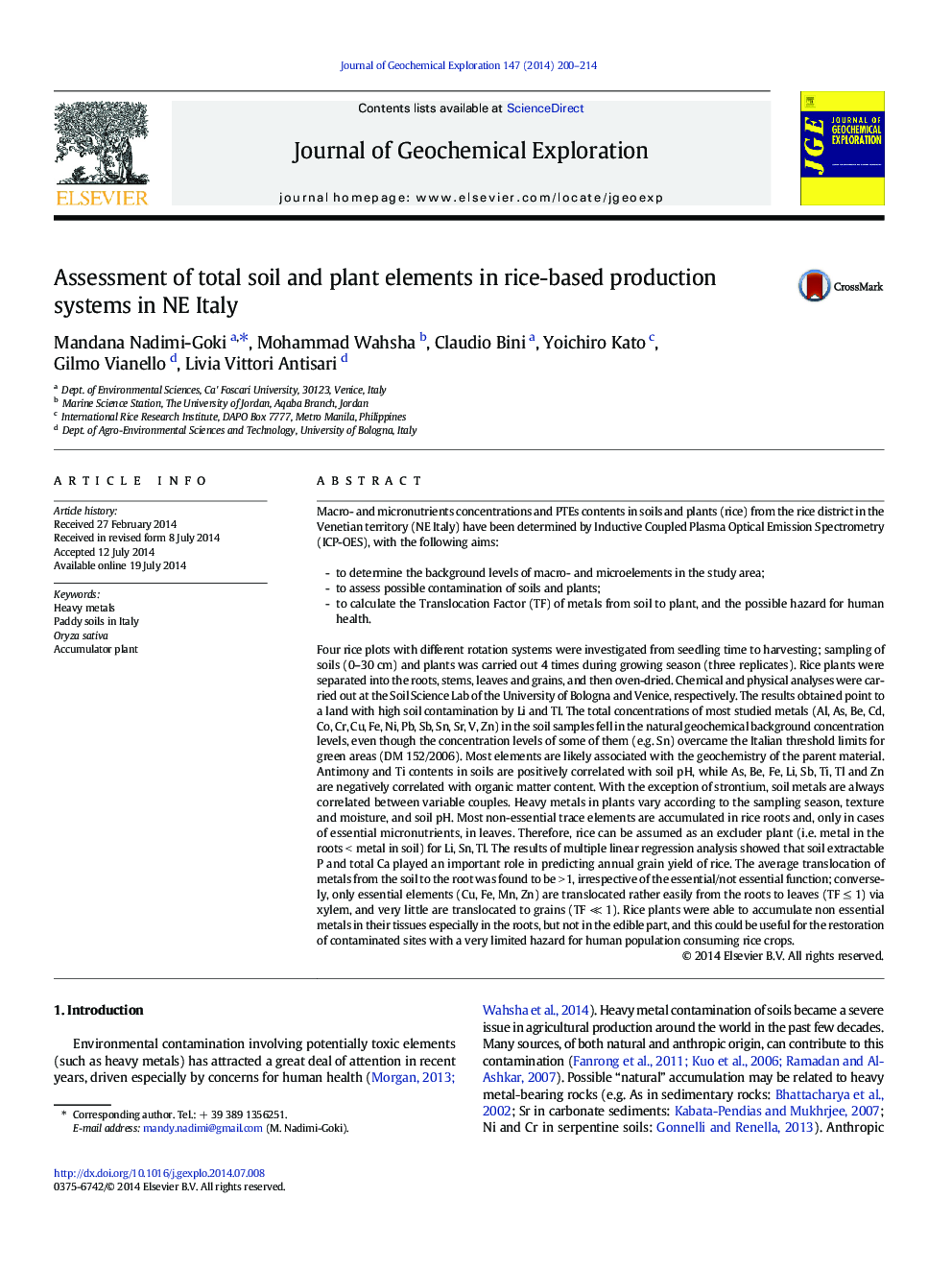 Assessment of total soil and plant elements in rice-based production systems in NE Italy