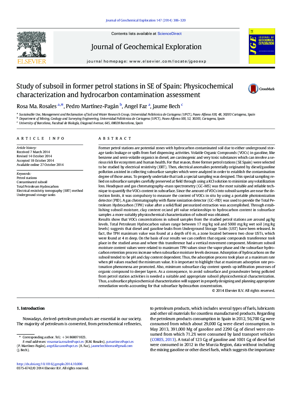 Study of subsoil in former petrol stations in SE of Spain: Physicochemical characterization and hydrocarbon contamination assessment