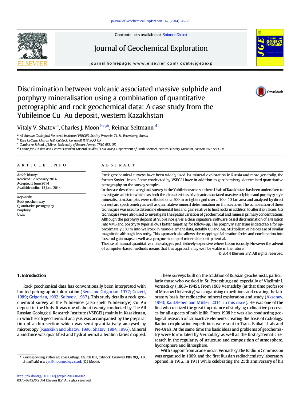 Discrimination between volcanic associated massive sulphide and porphyry mineralisation using a combination of quantitative petrographic and rock geochemical data: A case study from the Yubileinoe Cu–Au deposit, western Kazakhstan