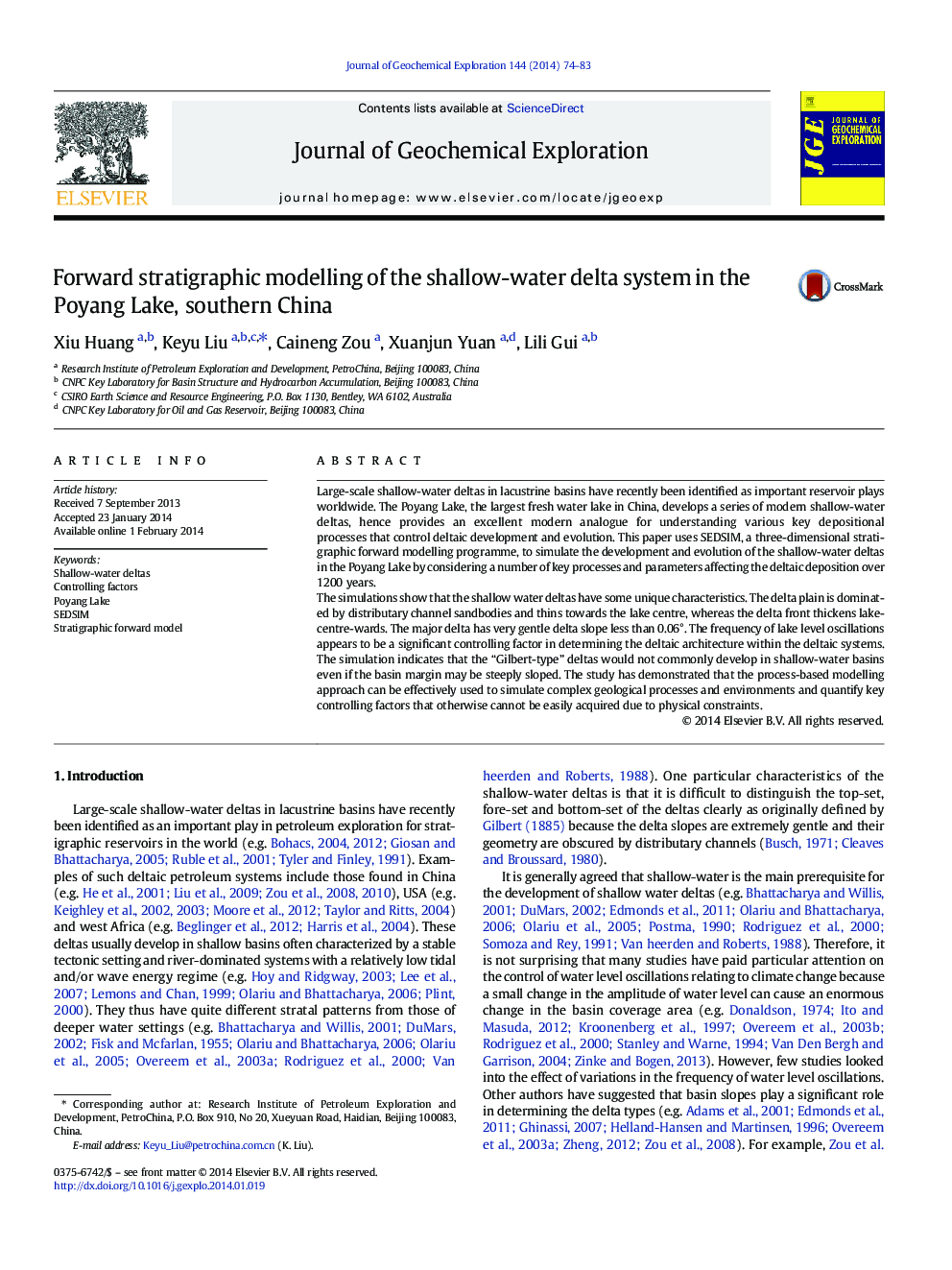 Forward stratigraphic modelling of the shallow-water delta system in the Poyang Lake, southern China