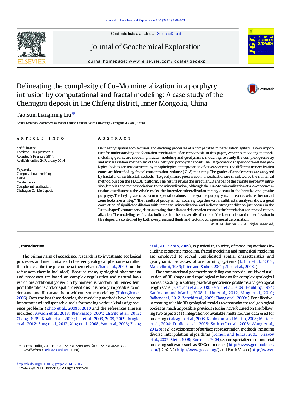 Delineating the complexity of Cu–Mo mineralization in a porphyry intrusion by computational and fractal modeling: A case study of the Chehugou deposit in the Chifeng district, Inner Mongolia, China