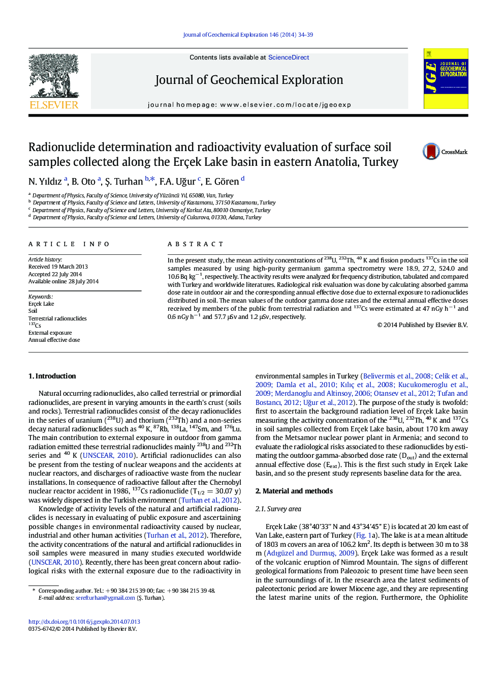 Radionuclide determination and radioactivity evaluation of surface soil samples collected along the Erçek Lake basin in eastern Anatolia, Turkey