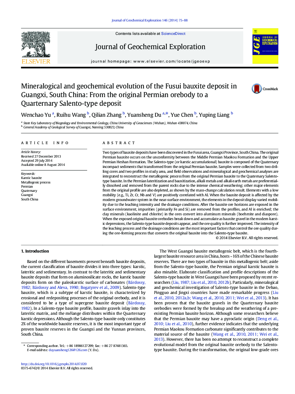 Mineralogical and geochemical evolution of the Fusui bauxite deposit in Guangxi, South China: From the original Permian orebody to a Quarternary Salento-type deposit