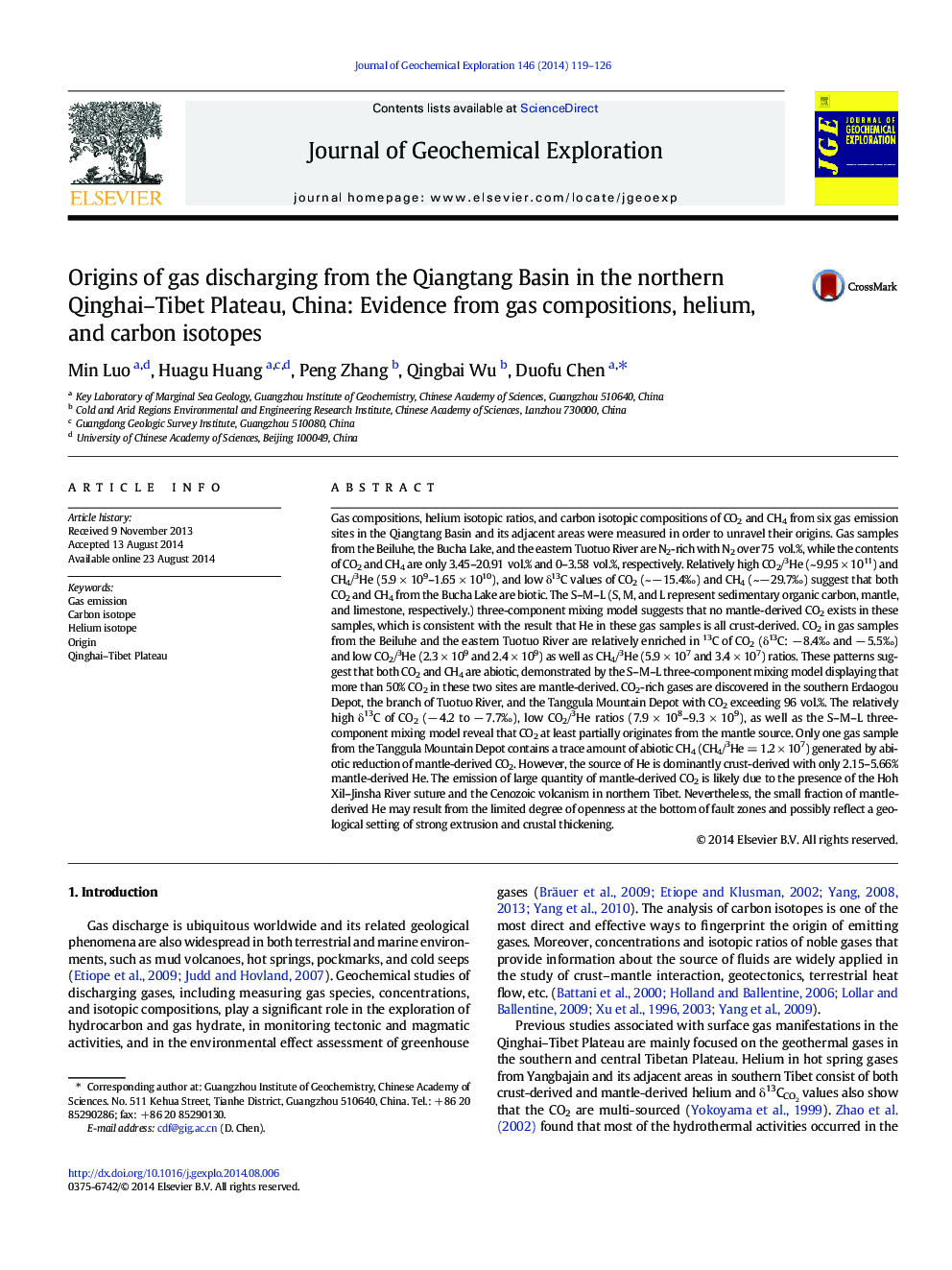 Origins of gas discharging from the Qiangtang Basin in the northern Qinghai–Tibet Plateau, China: Evidence from gas compositions, helium, and carbon isotopes