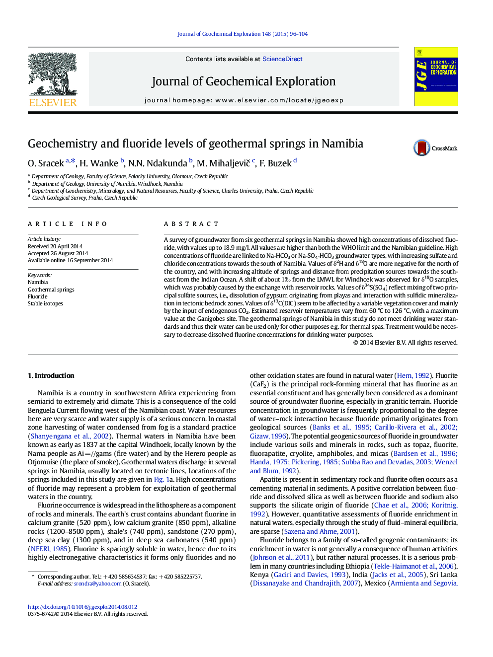 Geochemistry and fluoride levels of geothermal springs in Namibia