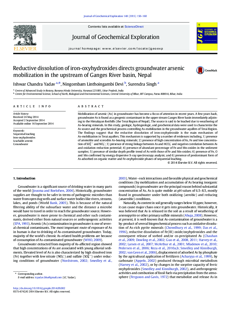 Reductive dissolution of iron-oxyhydroxides directs groundwater arsenic mobilization in the upstream of Ganges River basin, Nepal