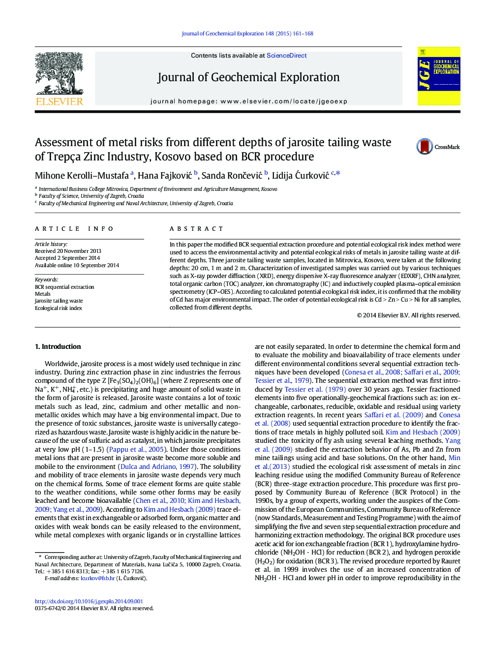 Assessment of metal risks from different depths of jarosite tailing waste of Trepça Zinc Industry, Kosovo based on BCR procedure