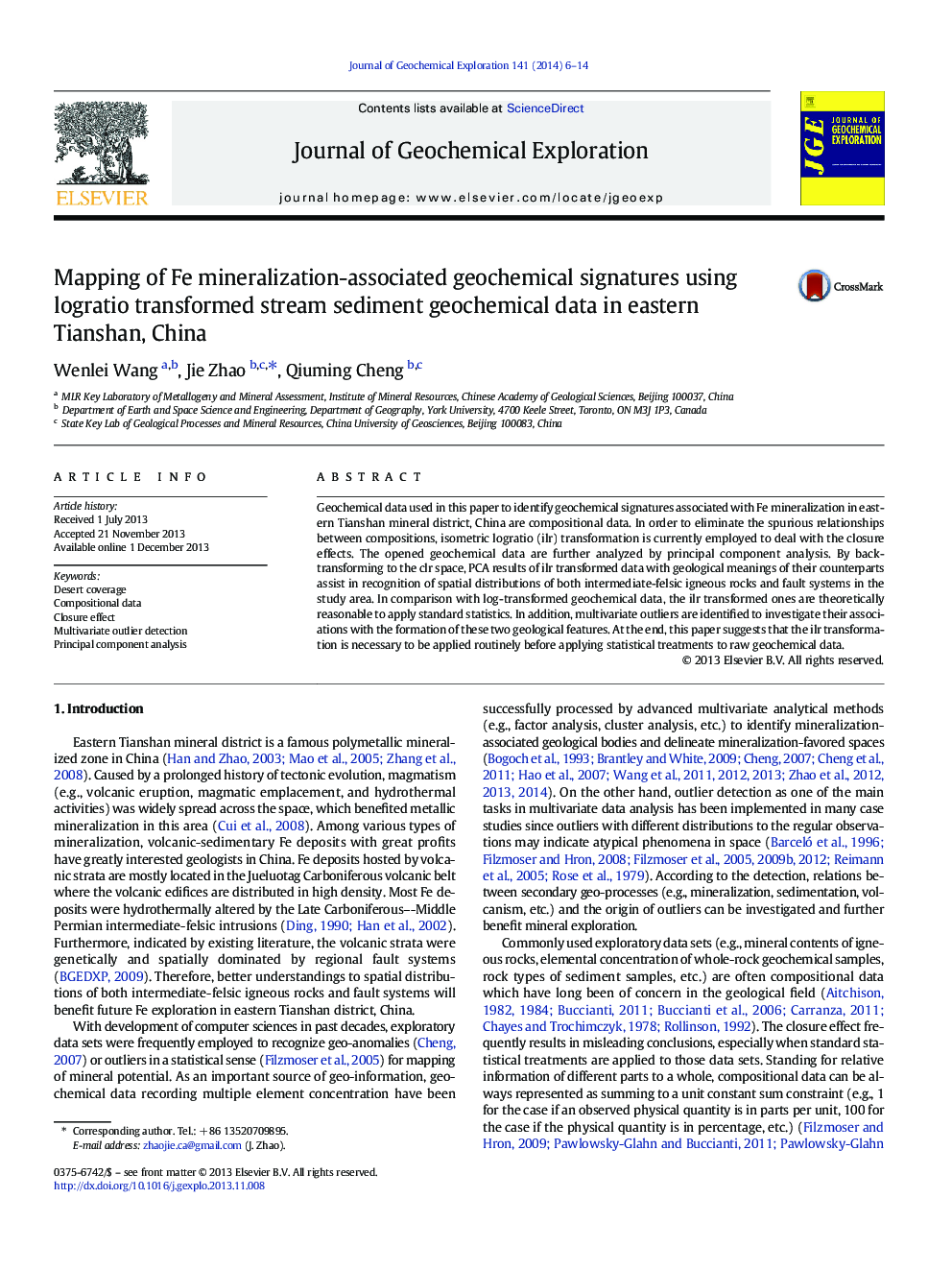 Mapping of Fe mineralization-associated geochemical signatures using logratio transformed stream sediment geochemical data in eastern Tianshan, China