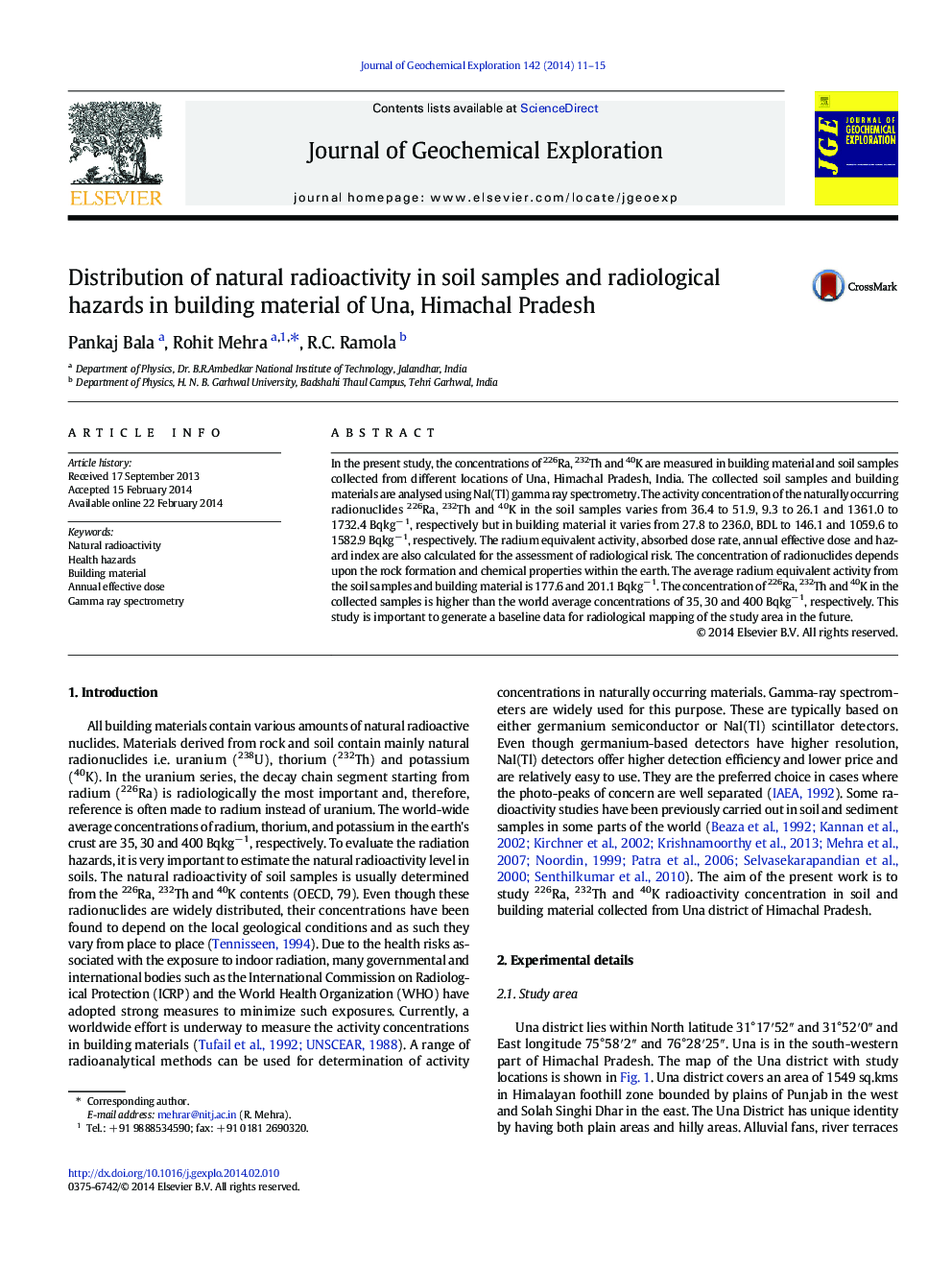 Distribution of natural radioactivity in soil samples and radiological hazards in building material of Una, Himachal Pradesh