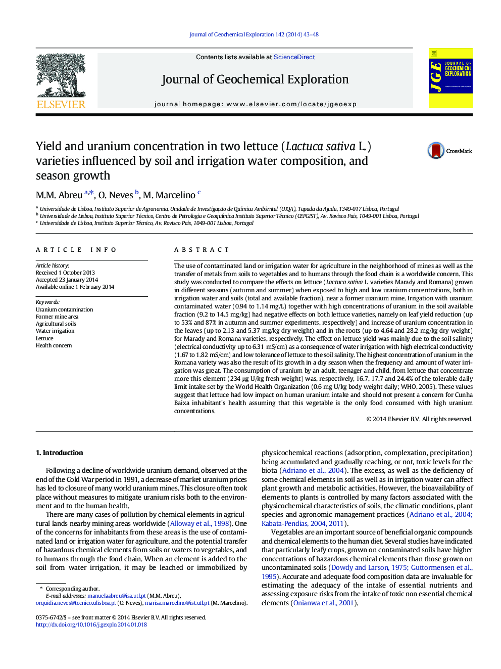 Yield and uranium concentration in two lettuce (Lactuca sativa L.) varieties influenced by soil and irrigation water composition, and season growth