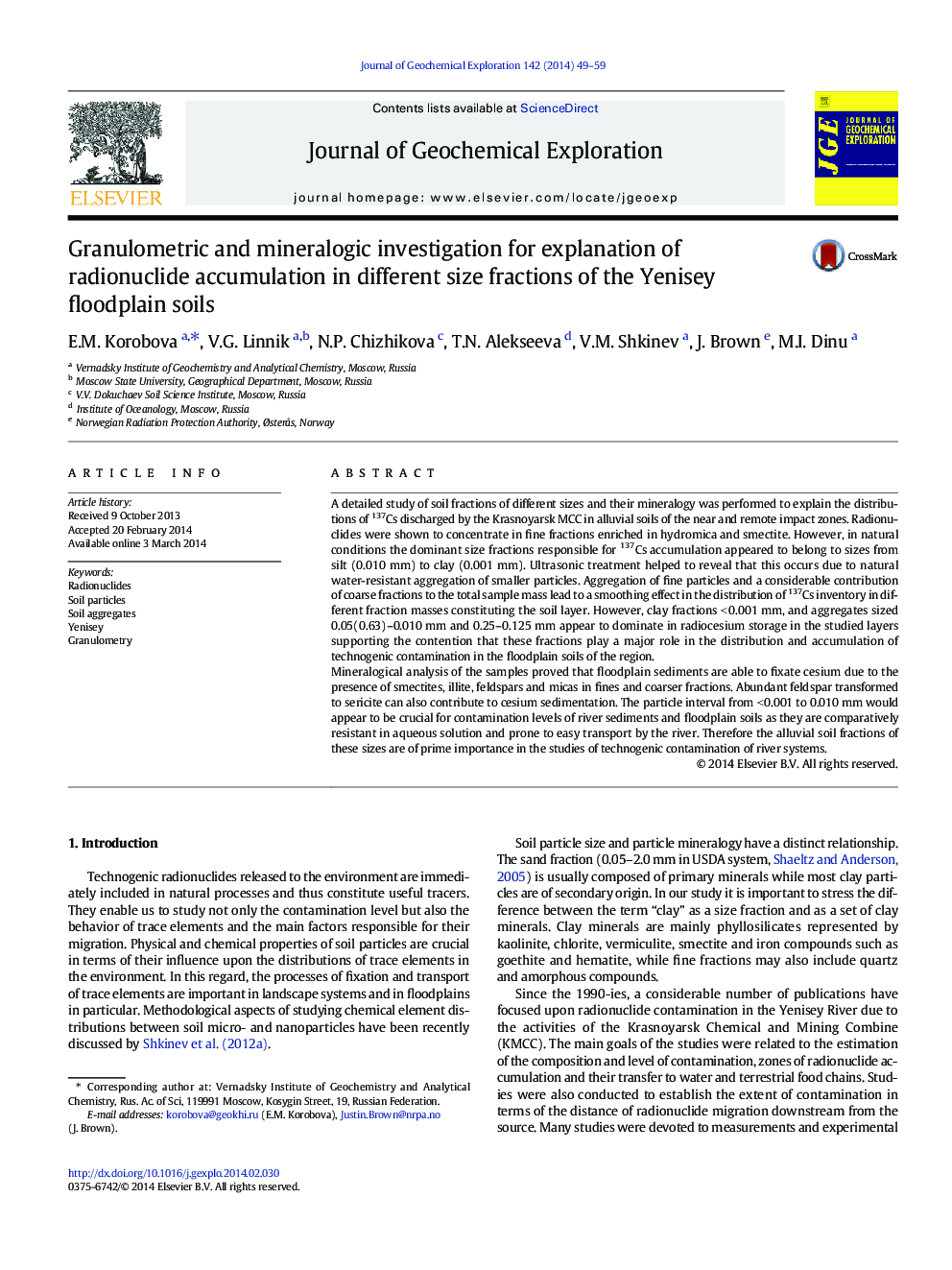 Granulometric and mineralogic investigation for explanation of radionuclide accumulation in different size fractions of the Yenisey floodplain soils