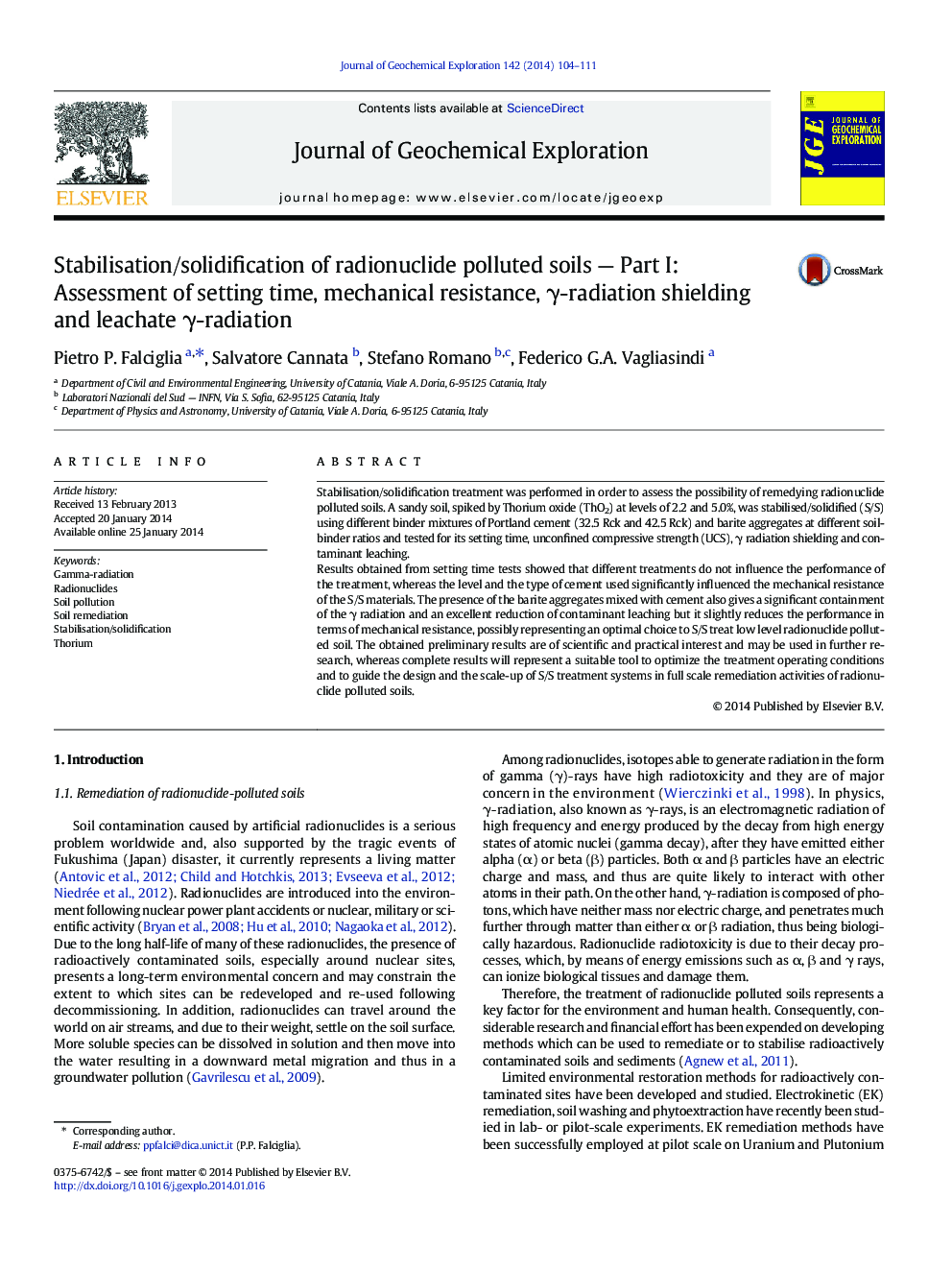 Stabilisation/solidification of radionuclide polluted soils — Part I: Assessment of setting time, mechanical resistance, γ-radiation shielding and leachate γ-radiation