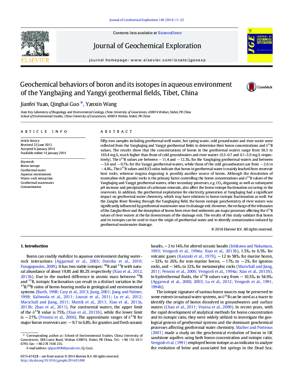 Geochemical behaviors of boron and its isotopes in aqueous environment of the Yangbajing and Yangyi geothermal fields, Tibet, China