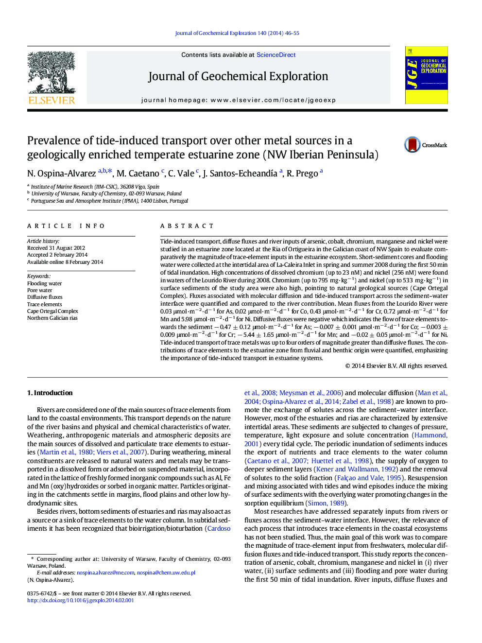 Prevalence of tide-induced transport over other metal sources in a geologically enriched temperate estuarine zone (NW Iberian Peninsula)