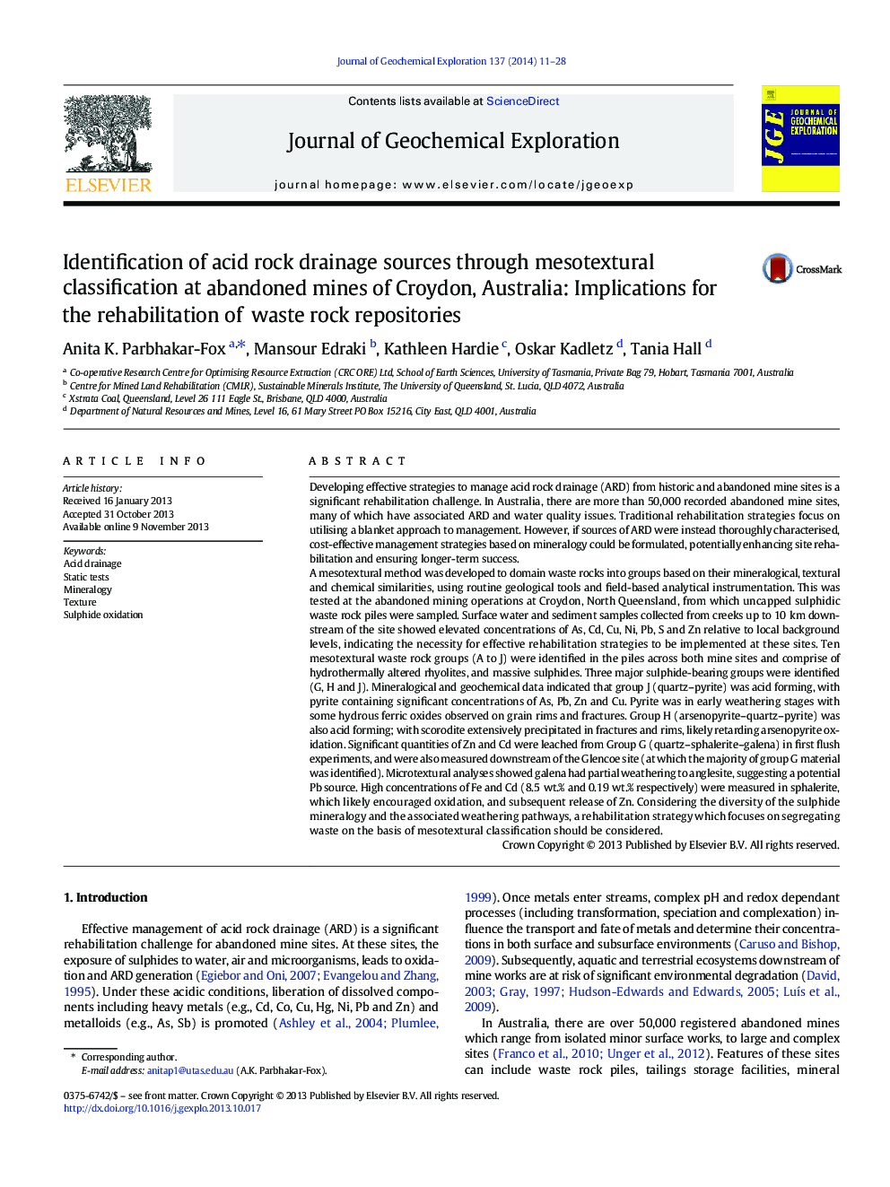 Identification of acid rock drainage sources through mesotextural classification at abandoned mines of Croydon, Australia: Implications for the rehabilitation of waste rock repositories