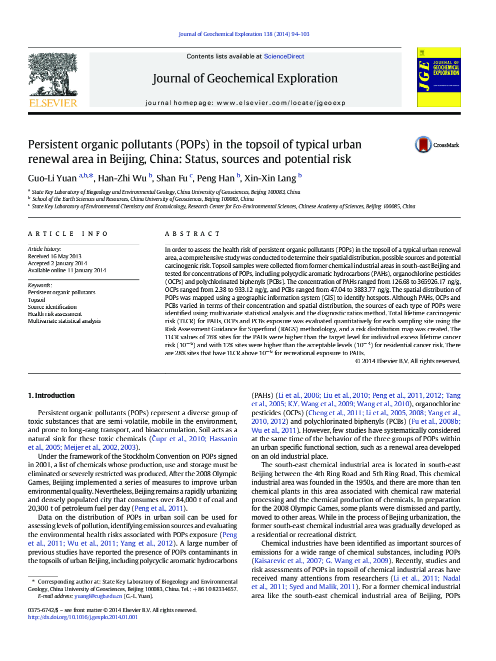 Persistent organic pollutants (POPs) in the topsoil of typical urban renewal area in Beijing, China: Status, sources and potential risk