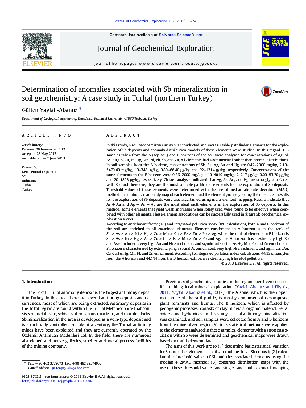 Determination of anomalies associated with Sb mineralization in soil geochemistry: A case study in Turhal (northern Turkey)