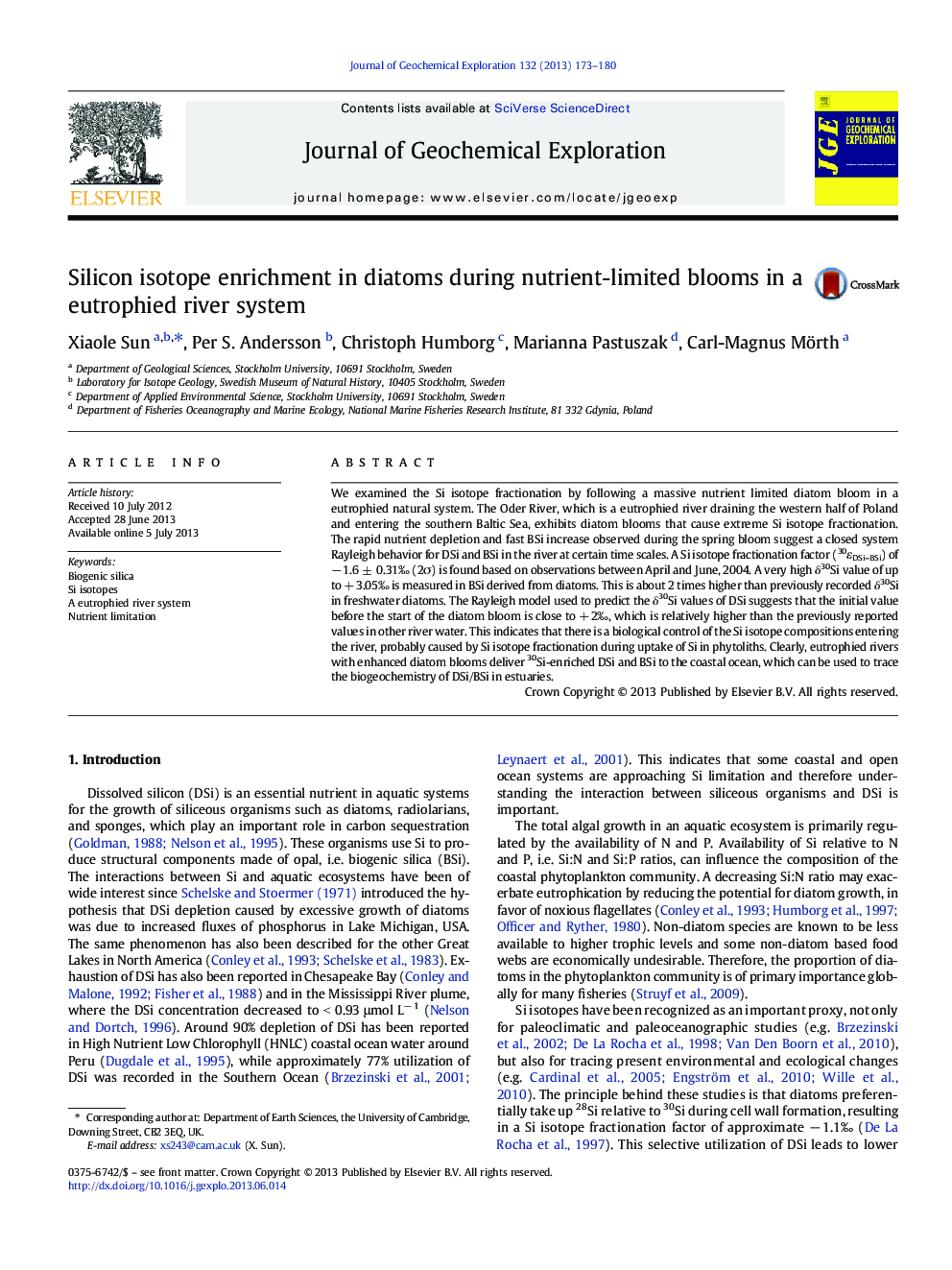 Silicon isotope enrichment in diatoms during nutrient-limited blooms in a eutrophied river system