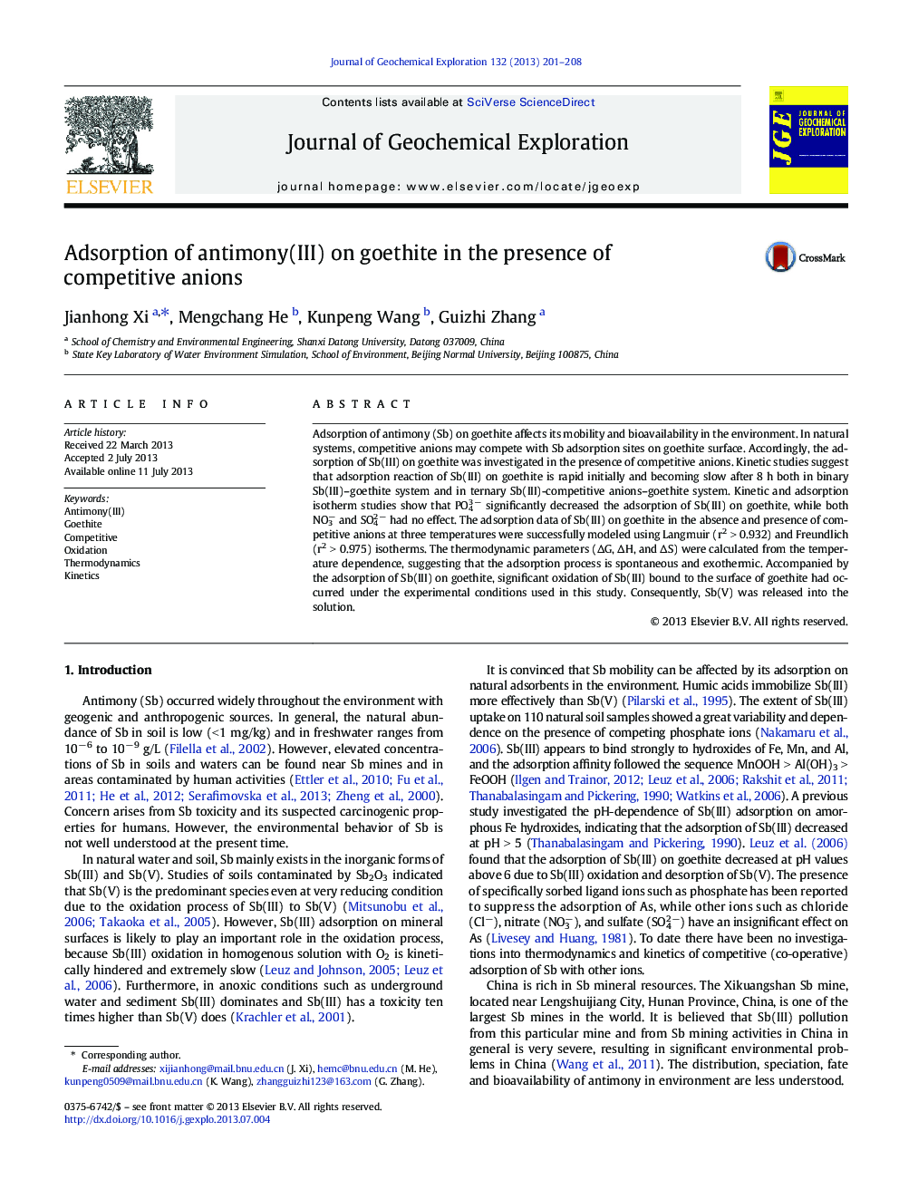 Adsorption of antimony(III) on goethite in the presence of competitive anions