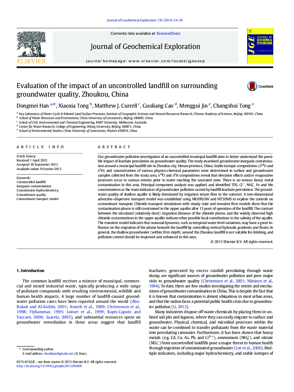 Evaluation of the impact of an uncontrolled landfill on surrounding groundwater quality, Zhoukou, China