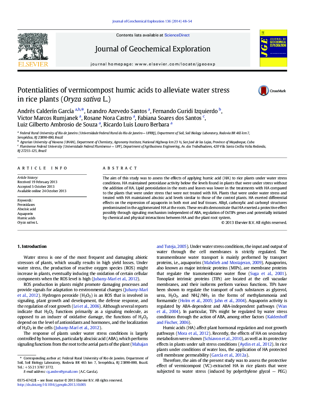 Potentialities of vermicompost humic acids to alleviate water stress in rice plants (Oryza sativa L.)