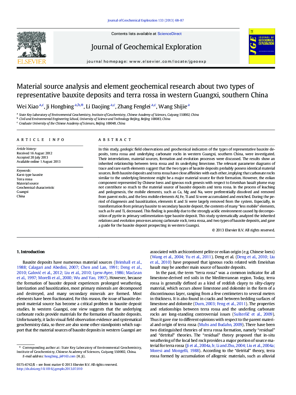 Material source analysis and element geochemical research about two types of representative bauxite deposits and terra rossa in western Guangxi, southern China