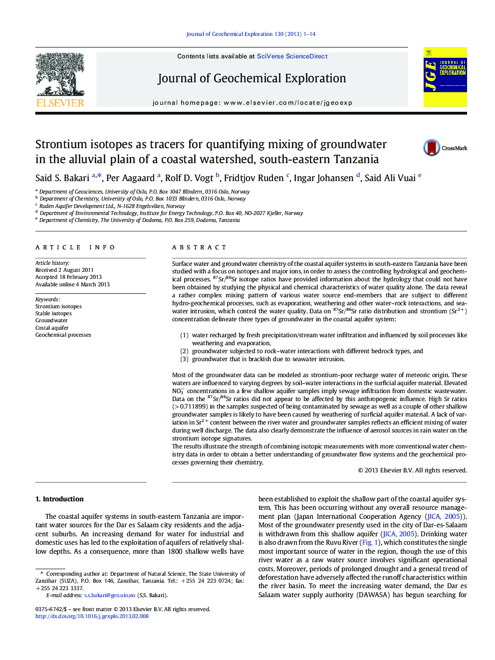 عکس صفحه اول مقاله: Strontium isotopes as tracers for quantifying mixing of groundwater in the alluvial plain of a coastal watershed, south-eastern Tanzania Strontium isotopes as tracers for quantifying mixing of groundwater in the alluvial plain of a coastal watershed, south-eastern Tanzania