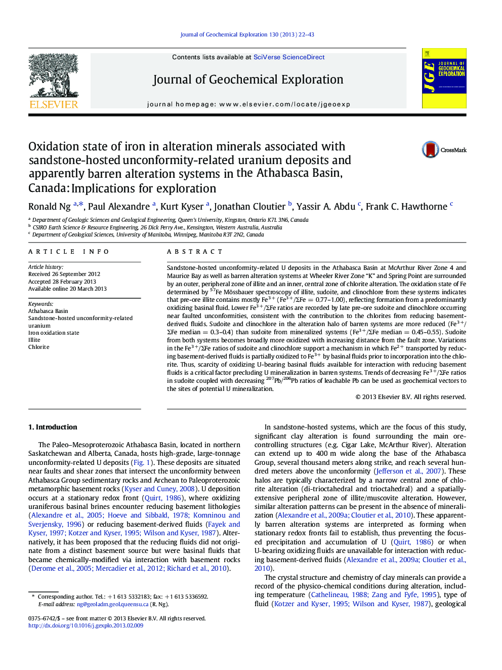 Oxidation state of iron in alteration minerals associated with sandstone-hosted unconformity-related uranium deposits and apparently barren alteration systems in the Athabasca Basin, Canada: Implications for exploration