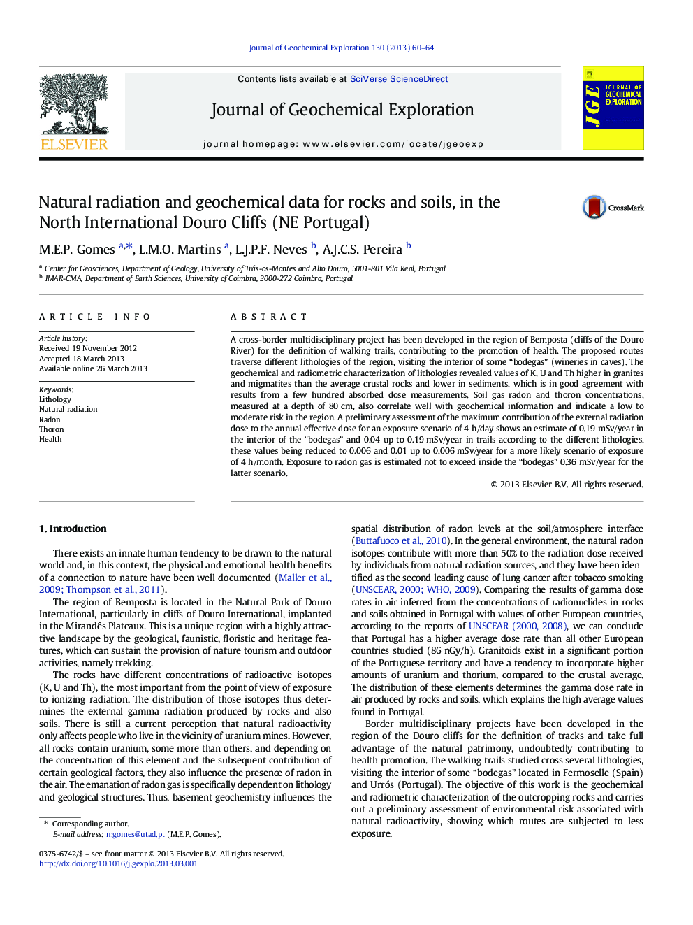 Natural radiation and geochemical data for rocks and soils, in the North International Douro Cliffs (NE Portugal)