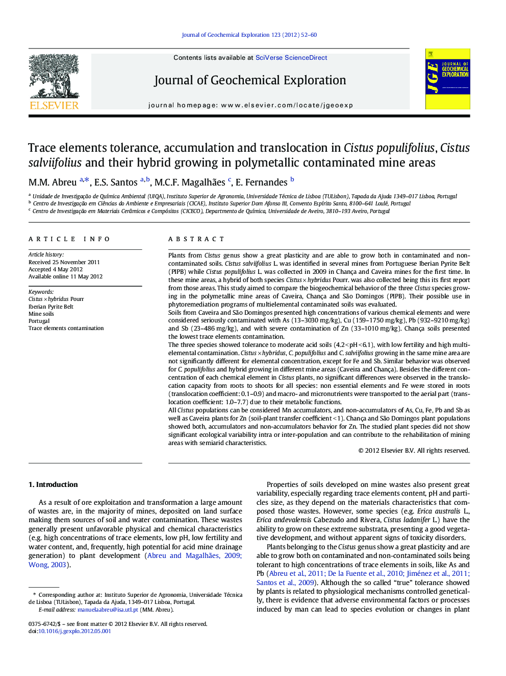 Trace elements tolerance, accumulation and translocation in Cistus populifolius, Cistus salviifolius and their hybrid growing in polymetallic contaminated mine areas