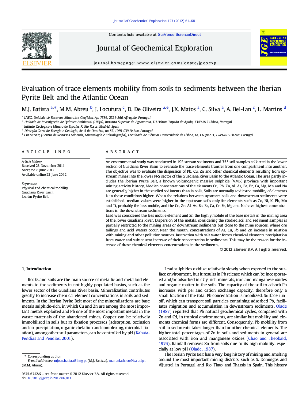 Evaluation of trace elements mobility from soils to sediments between the Iberian Pyrite Belt and the Atlantic Ocean